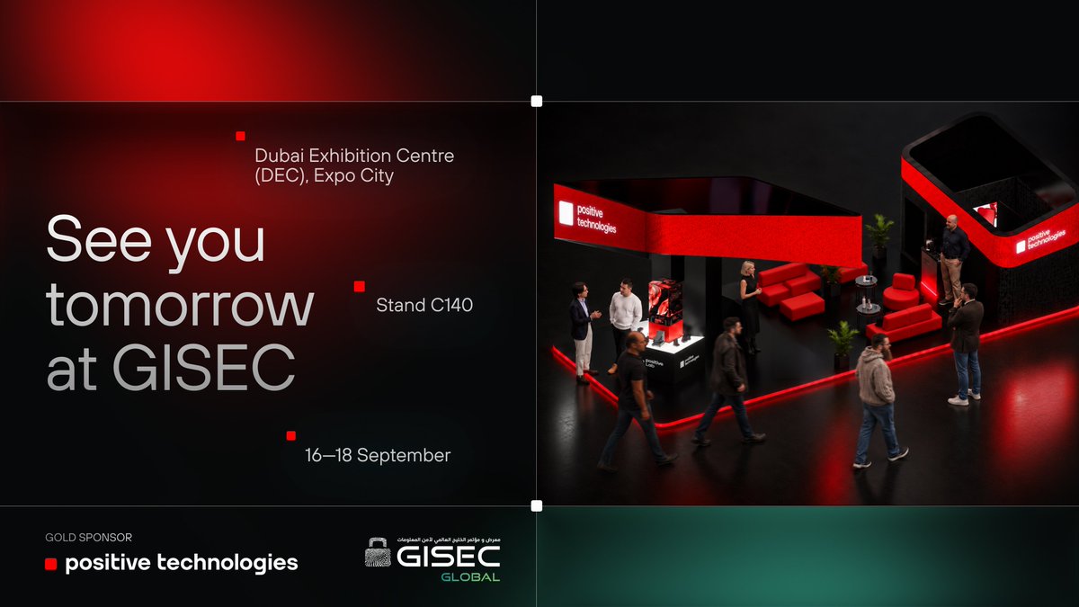 PTsecurity_EN's tweet photo. The Positive Technologies team will be at @GISECGlobal  2026 tomorrow!

📍 Dubai Exhibition Centre (DEC), Expo City
📢 Stand C140, Hall 5

Check out our full GISEC agenda below:
https://t.co/p76yF5kgXf

#GISEC #GISEC2026 https://t.co/tXArDU51GD