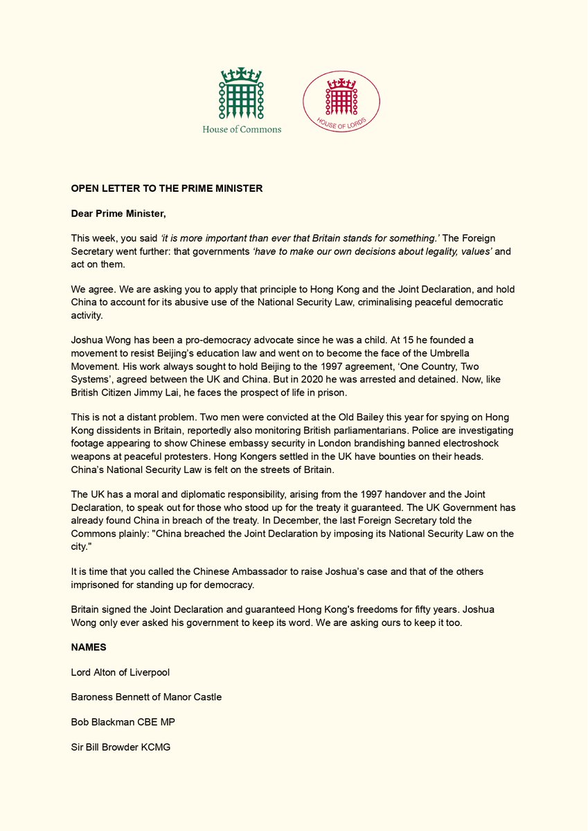 hk_watch's tweet photo. Today, a cross-party coalition of parliamentarians and human rights leaders has written an open letter to @andyburnham, calling on him to take a stand on #HongKong, as pro-democracy activist Joshua Wong faces the prospect of life imprisonment.

https://t.co/0ovbXyICrl https://t.co/dyqh3LZE8u