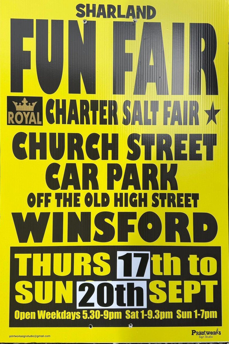 SaltFair's tweet photo. The big one this week, Winsfords annual Salt Fair will be held on Church Street Car Parks.. Hours of opening each day :

Thur 12th/Fri 13th both 5.30 - 9pm

Sat 14th 
1 - 9.30pm

Sun 15th
1 - 7pm
#future4fairgrounds
#winsfordmodelshow
#winsfordsaltfair https://t.co/Jo25ppSCdG