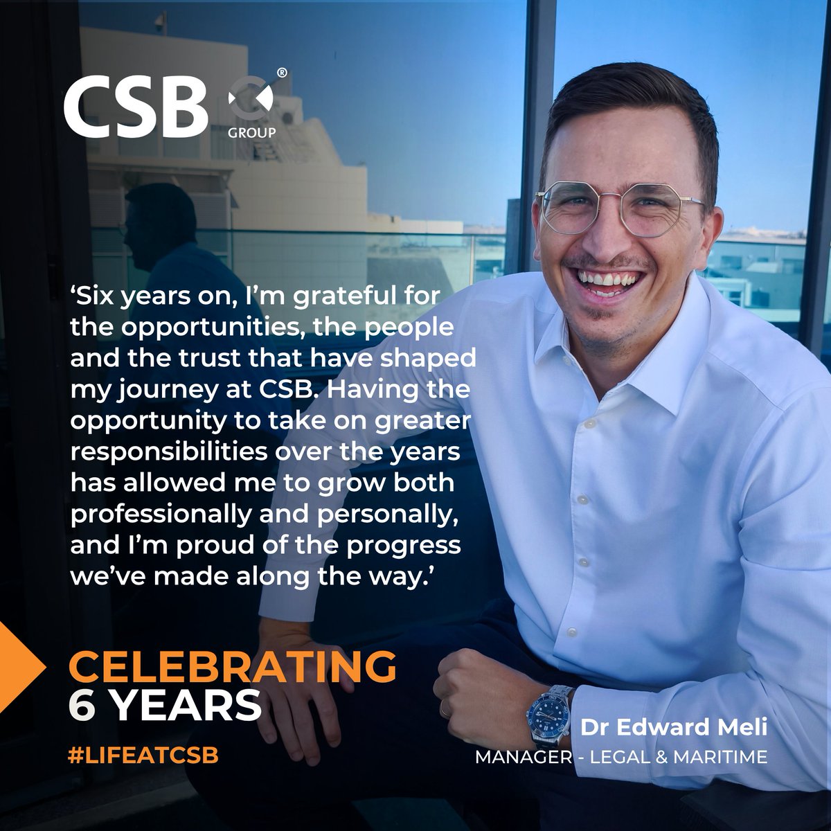 CSBGroup's tweet photo. 👏 Celebrating Dr Edward Meli’s 6th Work Anniversary at CSB Group!

Since joining CSB Group in September 2020, Edward has grown into his current role as Senior Associate and Manager – Legal &amp; Maritime, leading both our Corporate &amp; Commercial Law and Yachting &amp; Shipping teams ⚖️⚓ https://t.co/i9pdUT2kw1