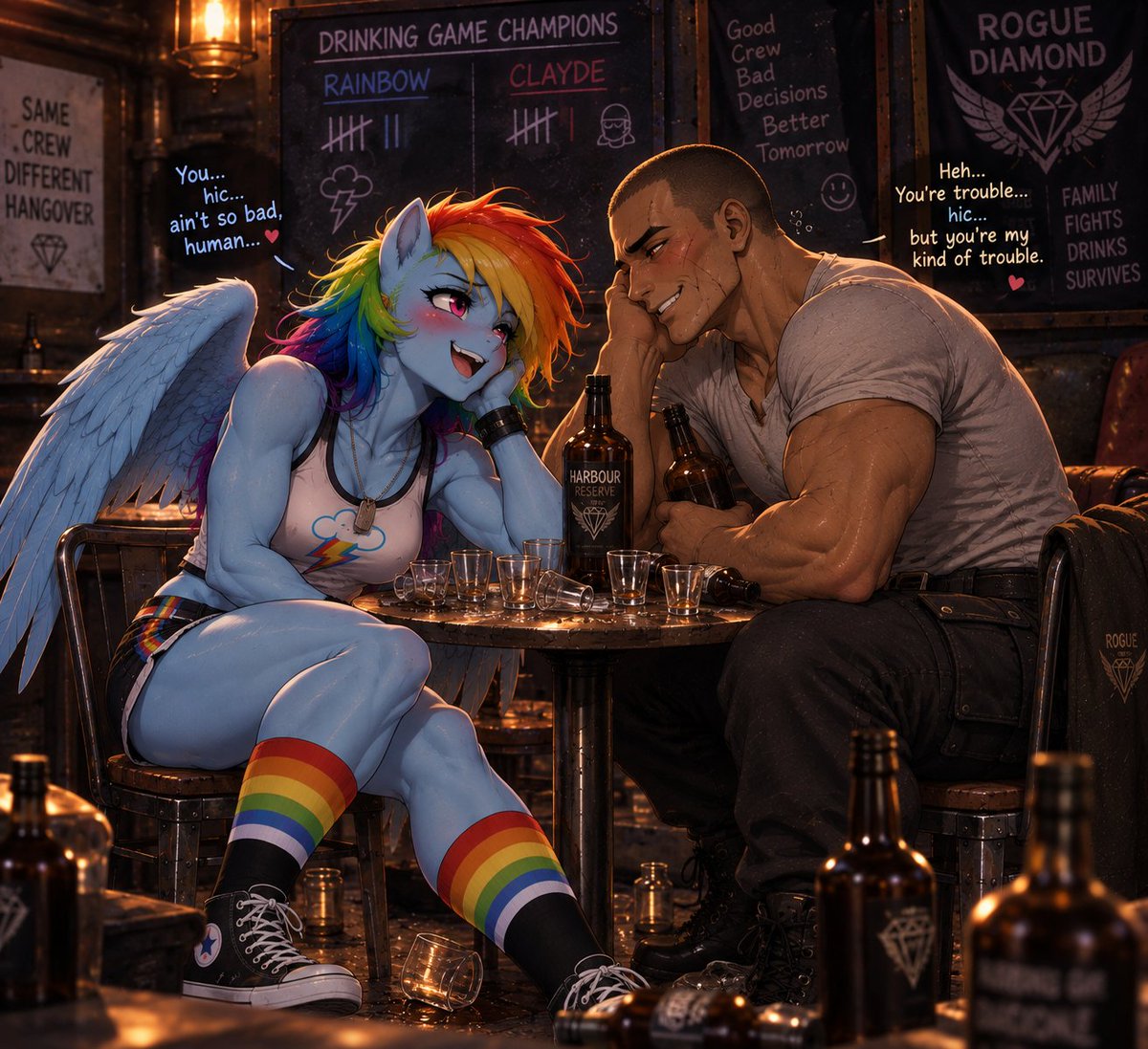CloakAndSai's tweet photo. 🍻🥃😏
#Chatgpt #AIart #mlp #mlpfim #mlpfanart #mlpfanfic #RogueDiamond 💎 #RainbowDash https://t.co/lm6S4uU95z