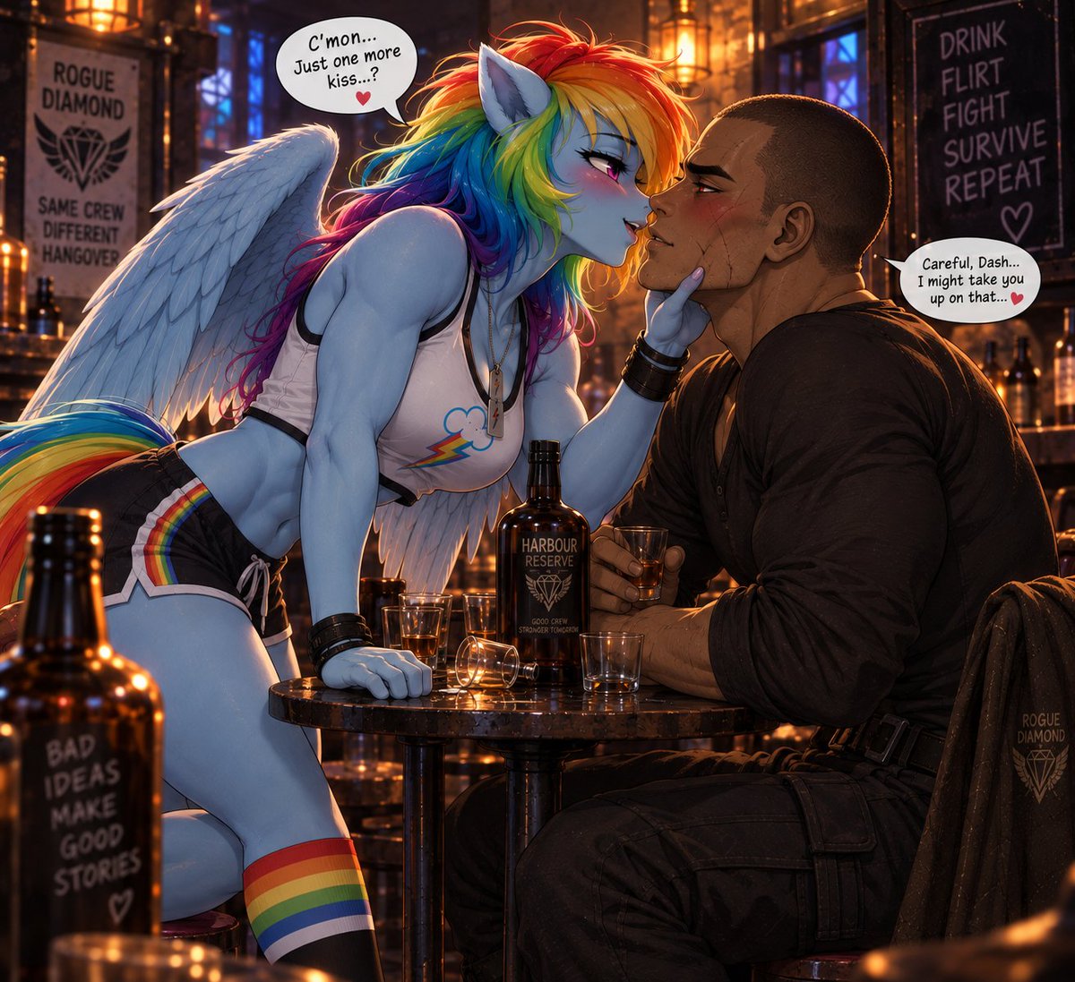 CloakAndSai's tweet photo. 🍻🥃😏
#Chatgpt #AIart #mlp #mlpfim #mlpfanart #mlpfanfic #RogueDiamond 💎 #RainbowDash https://t.co/lm6S4uU95z