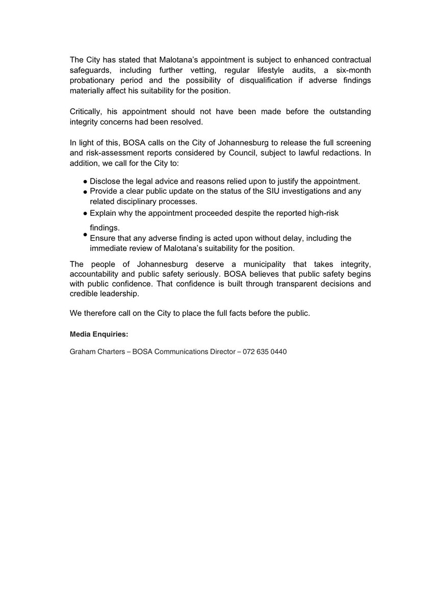 NobuntuSA's tweet photo. [MEDIA STATEMENT 💬] 

@BuildOneSA calls for full transparency over Lesiba Malotana’s appointment as Johannesburg Public Safety HOD

Media Statement by Nobuntu Hlazo-Webster: BOSA Johannesburg Mayoral Candidate

#BuildJoburg #Nobuntu4Mayor #LGE2026 https://t.co/fOFzdj68zC