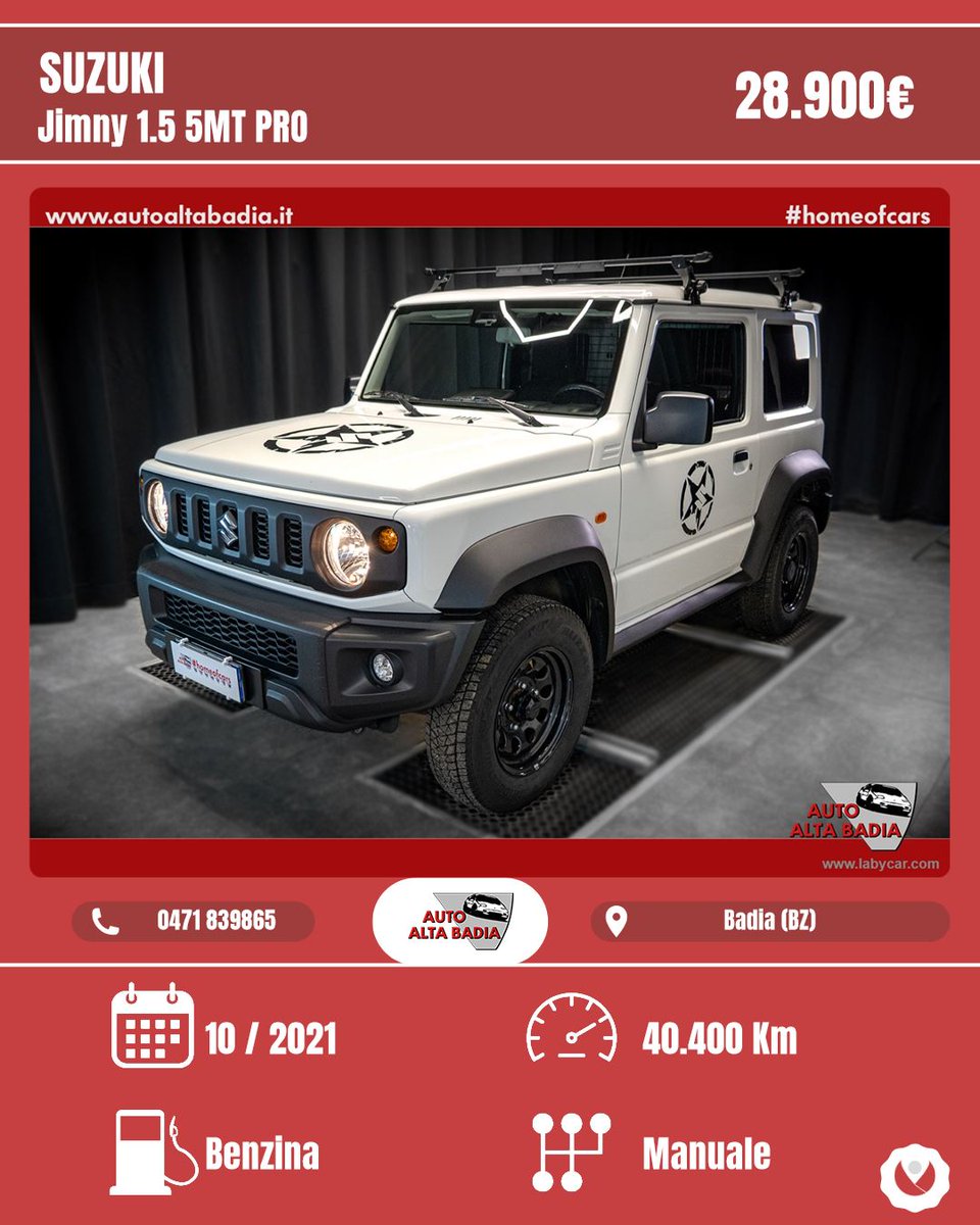 ReidCathyigs's tweet photo. SUZUKI Jimny 1. 5 5MT PRO, 10/2021, benzina, manuale, 3 porte, 2 posti, 1. 462 cm3, 75 kW (102 CV). Prezzo: 28. 900€. Badia (BZ). https://t.co/nW0esnAHdA