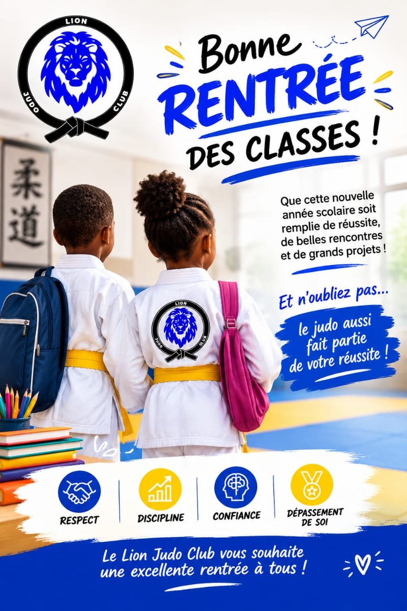 LIONJUDOCLUB's tweet photo. Bonne rentrée des classes à tous nos judokas !
N'oubliez pas : le judo aussi fait partie de votre réussite 💙
#LionJudoClub #Judo #RentréeDesClasses https://t.co/3xgMjILAFx