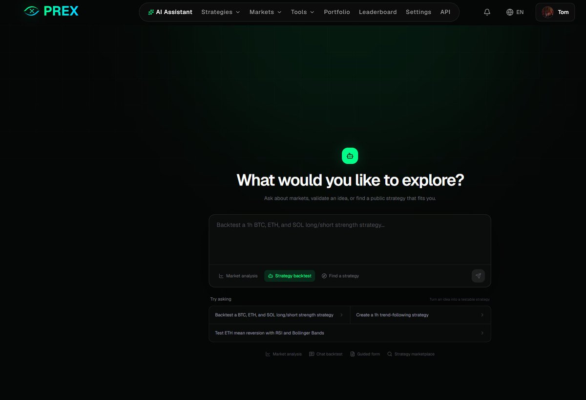 Prex_ai's tweet photo. New to PREX? Start here.
As PREX added more markets, strategies, and trading tools, one problem became clear: new users did not always know where to begin.
So we redesigned the starting experience around one simple question:

What do you want to do today?
Visit https://t.co/JsSfv8I4tv and choose one of three paths:
1、Market Analysis
Understand market conditions, structure, and key levels.
2、Strategy Backtest
Turn a trading idea into a strategy you can test.
3、Find a Strategy
Browse existing strategies and compare performance, risk, and capital requirements.

You can describe your idea in plain English:
“Analyze the current BTC market structure.”
“Backtest a BTC, ETH, and SOL long-short strength strategy.”
“Create a 1-hour trend-following strategy.”
Do not have a complete strategy yet? Start with one of the example prompts or use the guided form to define the market, timeframe, indicators, leverage, and risk settings.
PREX then helps you review the results, including return, drawdown, win rate, Sharpe ratio, trading costs, and the full equity curve.

For new users, we recommend one simple workflow:
Analyze → Backtest → Review Risk → Refine → Go Live when ready
This update is not about adding more buttons. It is about making the first five minutes with PREX much clearer.
Start here: https://t.co/JsSfv8I4tv
Backtested performance is hypothetical and does not guarantee future results. Trading involves risk.