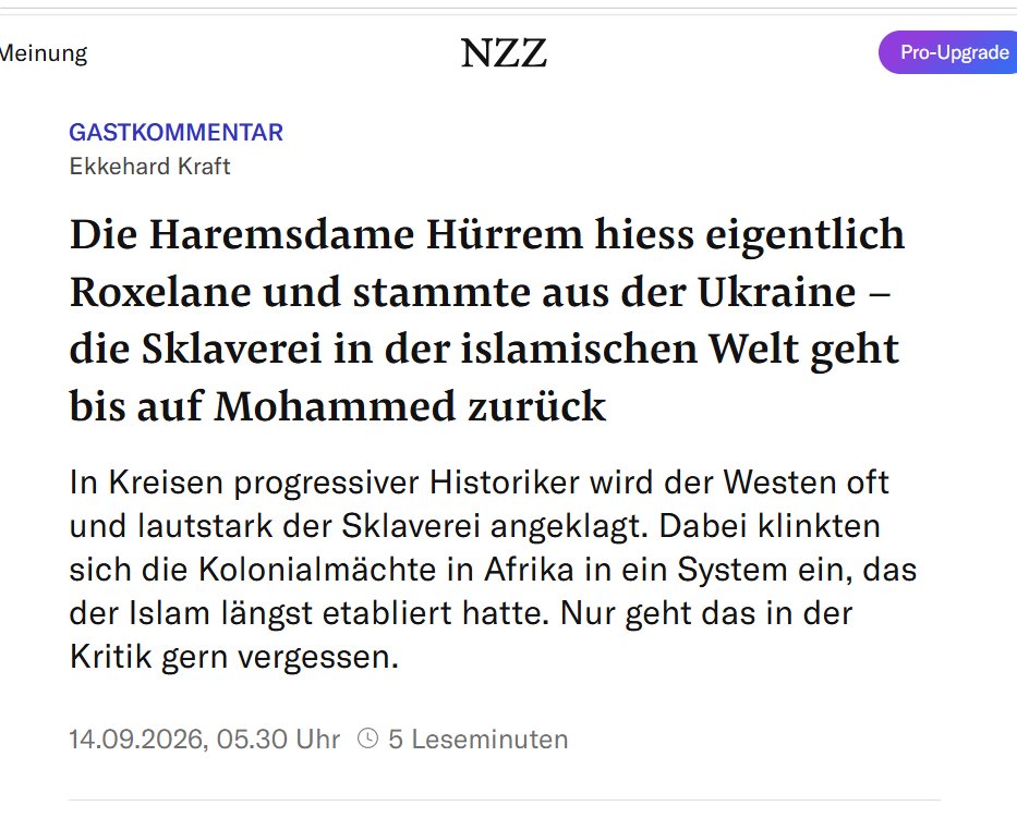 MartinFieder's tweet photo. ausgezeichneter Artikel in der @NZZ , der zeigt welche historische Verfälschung und ideologische Verdrehung der Tatsachen sich er #Postkolonialismus sich leistet, indem er behauptet Sklaverei sei eine rein "weiße" Schuld.

Millionen vor allem Osteuropäer wurden von muslimischen Herrschern versklavt. 
 
Wie Unsinnig, dass ist sieht man alleine daran, dass die Sklaverei in Saudi- Arabien erst 1962 abgeschafft wurde.

Und der Quatsch wird weiter mit moralischen Sendungsbewusstsein  an den Unis als "Wissenschaft" gelehrt.