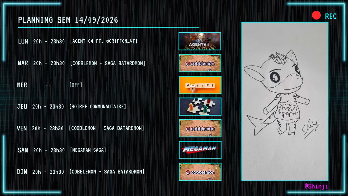 Ddril_VT's tweet photo. Planning de la semaine 
- RDV avec mon chéri Griffon VT
- Batarmon, la nouvelle saga narrative sur Cobblemon
- Et on ira sur des jeux moins dépensier en énergie pour moi Megaman pour le samedi. https://t.co/Unsidhmqni