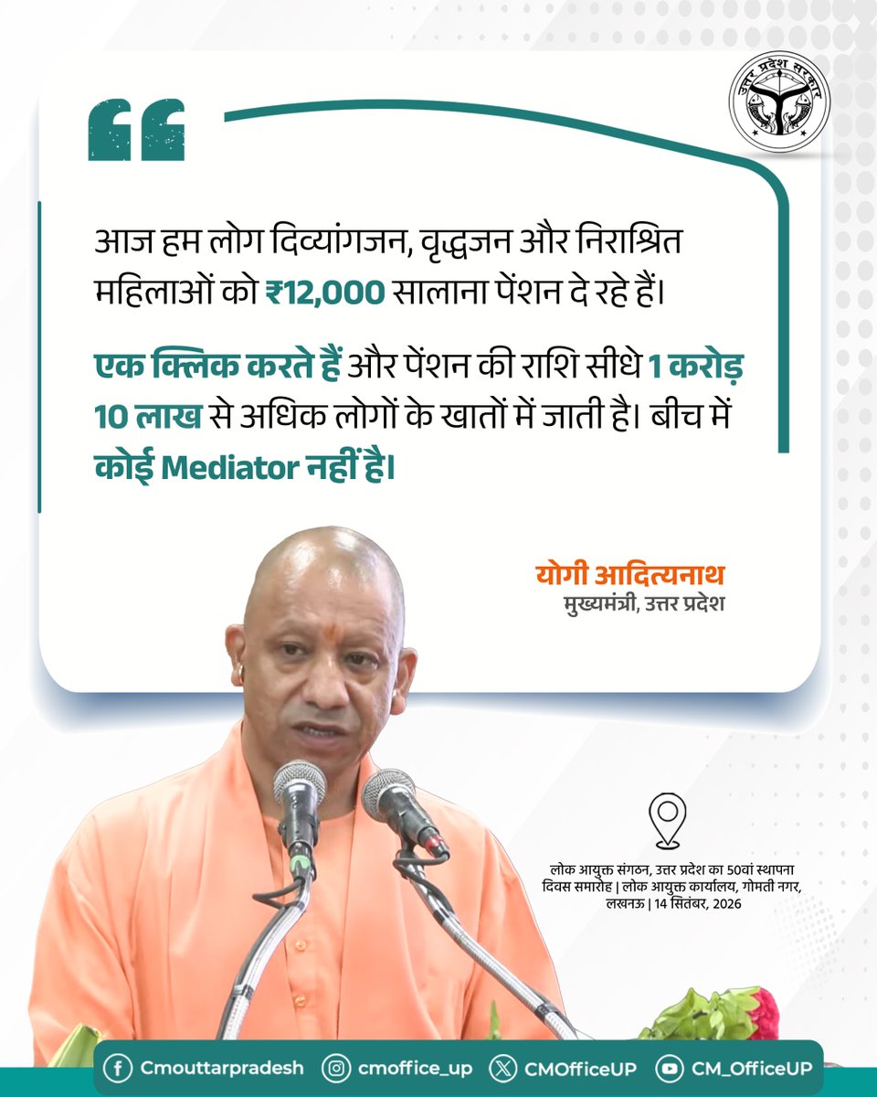 CMOfficeUP's tweet photo. आज हम लोग दिव्यांगजन, वृद्धजन और निराश्रित महिलाओं को ₹12,000 सालाना पेंशन दे रहे हैं।

एक क्लिक करते हैं और पेंशन की राशि सीधे 1 करोड़ 10 लाख से अधिक लोगों के खातों में जाती है। बीच में कोई Mediator नहीं है।

—मुख्यमंत्री @myogiadityanath जी https://t.co/XQgynlTpsz