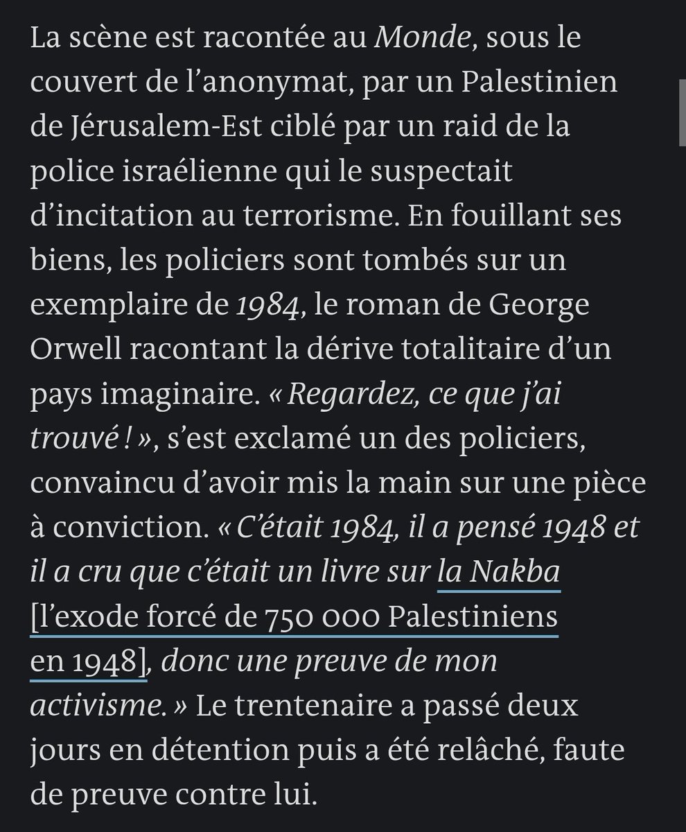 K1000Journalist's tweet photo. Deux jours de prison pour avoir eu un exemplaire de 1984 chez soi, et parce que des flics israéliens ne savent pas lire. C'est ça la "seule démocratie du Moyen-Orient".

Au passage, même si c'était un livre sur la Nakba, en quoi la détention aurait-elle été justifiée ? https://t.co/b5YxK1aMLH