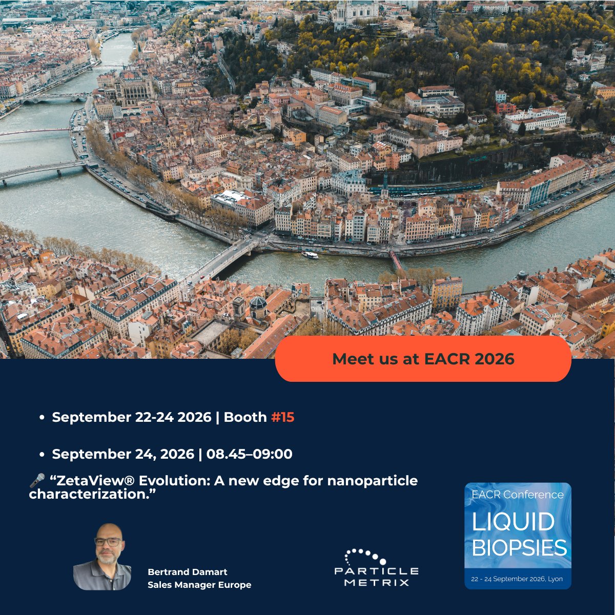 Particle_Metrix's tweet photo. We’re heading to #EACR2026 Liquid Biopsies in Lyon!
Meet us at Booth #15 to discover ZetaView® for multiparametric nanoparticle &amp; EV characterization.
🎤 Sept 24 | 08:45–09:00
Bertrand Damart: “ZetaView® Evolution: A new edge for nanoparticle characterization.”
#EVs #LiquidBiopsy https://t.co/nnlHajKxo4