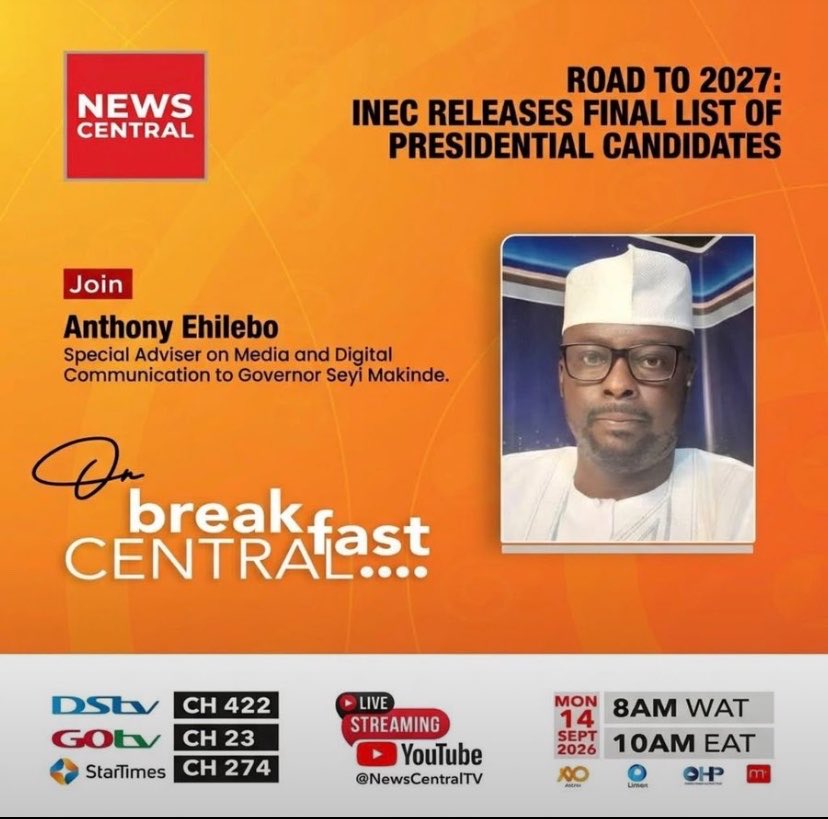 MarvelousNwafor's tweet photo. Tune in to News Central this morning by 8am and join @AnthonyEhilebo as he talks about the official INEC List of Presidential candidates for the 2027 General Election and the #ResetNigeria Agenda of #MakindeDaura2027 https://t.co/7T4ePPlEMu