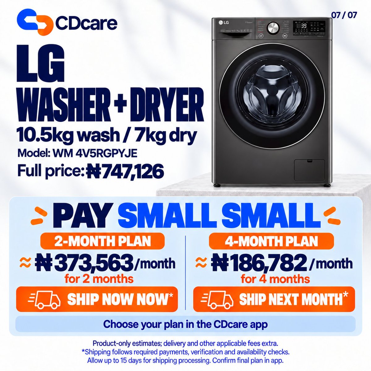 CDcareNG's tweet photo. Upgrade laundry day.
PAY SMALL SMALL on LG and Hisense front loaders or washer-dryers.

Compare 2-month and 4-month plans.

Shipping follows payments, verification and availability; allow up to 15 days for processing.

Delivery fee applies.