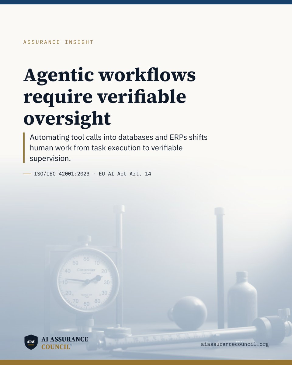 TheAIACouncil's tweet photo. An AI agent executing multi-step tasks across enterprise systems does not remove human accountability.

Connected tools now route tickets, reconcile invoices, and inspect contracts automatically. This shifts back-office responsibilities. Professionals no longer key in repetitive entries. Instead, they configure system boundaries, review outputs, and intervene when models act outside expected tolerances.

Allowing models to call internal tools autonomously introduces automation drift. An organisation must prove that human supervisors actively monitor these workflows and catch faulty actions before harm occurs.

ISO/IEC 42001, Clause 8.2 requires operational planning and control over AI processes. The EU AI Act, Article 14 requires that high-risk systems be designed so that natural persons can oversee their operation and remain able to override outputs.

Sources:
- ISO/IEC 42001:2023, Clause 8.2
- EU AI Act, Article 14 — https://t.co/fqZDiRlgu1

AI Assurance Council ™ — the competency standard for AI assurance. Registration open. https://t.co/1jY6mohiy1

#AIAssurance