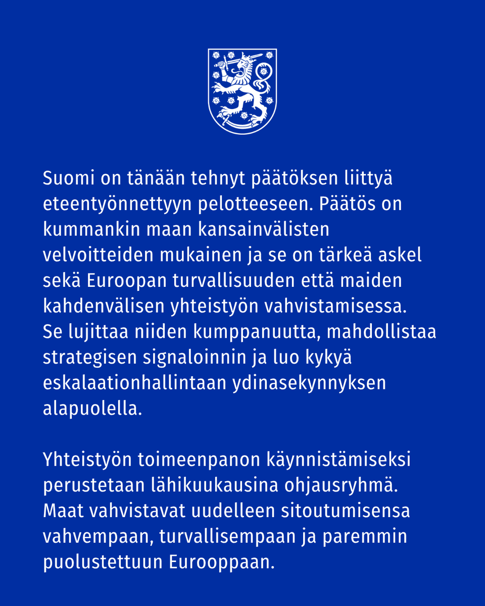 alexstubb's tweet photo. Suomen ja Ranskan puolustussuhde tiivistyy.

Puolustusyhteistyömme otti askeleen jo kesällä, kun Ranska ilmoitti osoittavansa joukkoja Naton eteentyönnettyihin maavoimajoukkoihin Suomessa. Tänään otimme uuden askeleen, kun Suomi liittyi Ranskan ydinpelotealoitteeseen. 

Aloitteessa on kyse ennen kaikkea eurooppalaisen turvallisuuden vahvistamisesta. Se vahvistaa Euroopan vastuuta omasta puolustuksestaan ja auttaa ennaltaehkäisemään eskalaatioita.  

Aloite ei ole päällekkäinen Naton ydinpelotteen kanssa eikä korvaa sitä. Suomen ensisijainen lähtökohta on toiminta osana Natoa ja Euroopan unionia. 

Suomi ei aio sijoittaa alueelleen ydinaseita rauhan aikana.