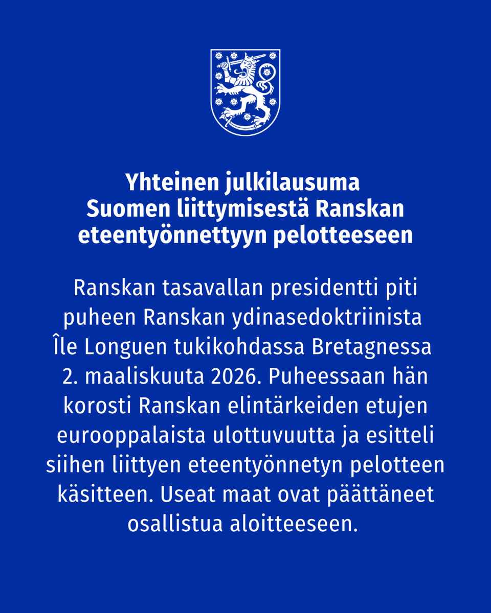 alexstubb's tweet photo. Suomen ja Ranskan puolustussuhde tiivistyy.

Puolustusyhteistyömme otti askeleen jo kesällä, kun Ranska ilmoitti osoittavansa joukkoja Naton eteentyönnettyihin maavoimajoukkoihin Suomessa. Tänään otimme uuden askeleen, kun Suomi liittyi Ranskan ydinpelotealoitteeseen. 

Aloitteessa on kyse ennen kaikkea eurooppalaisen turvallisuuden vahvistamisesta. Se vahvistaa Euroopan vastuuta omasta puolustuksestaan ja auttaa ennaltaehkäisemään eskalaatioita.  

Aloite ei ole päällekkäinen Naton ydinpelotteen kanssa eikä korvaa sitä. Suomen ensisijainen lähtökohta on toiminta osana Natoa ja Euroopan unionia. 

Suomi ei aio sijoittaa alueelleen ydinaseita rauhan aikana.