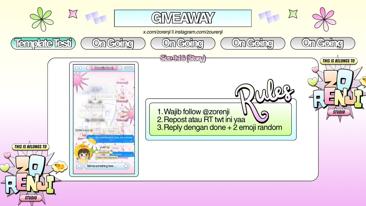 zorenji's tweet photo. Halo🧏🏻‍♀️ ! Help RT / Repost? thank you💕

Caca mau giveaway template testi. hanya bisa diretext yaa template nya >_< nanti dikirim via link canpa 🫰🏻 #zonauang 

Perhatikan rules di bawah ini yaa
End soon, goodluck <3 https://t.co/55nAuhMJyM
