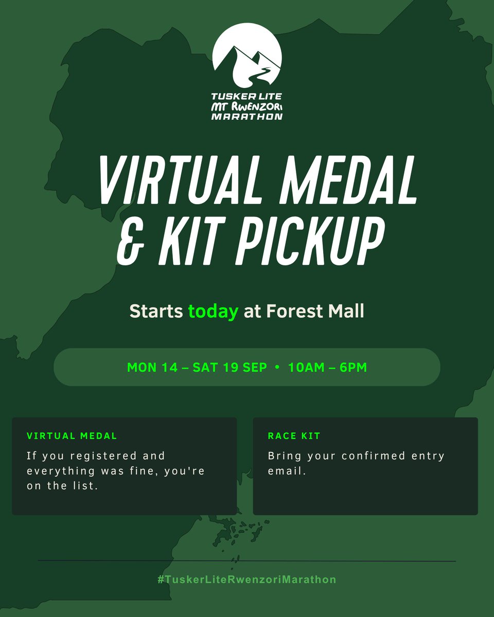 RwenzoriMarathn's tweet photo. Thank you for your patience!

Virtual medals and kit pickup starts today at Forest Mall, running through Saturday, 10am–6pm.

Virtual medal: if you registered and everything was good, you're on the list.

Race kit: bring your confirmed entry email. https://t.co/eolPsxLc5g