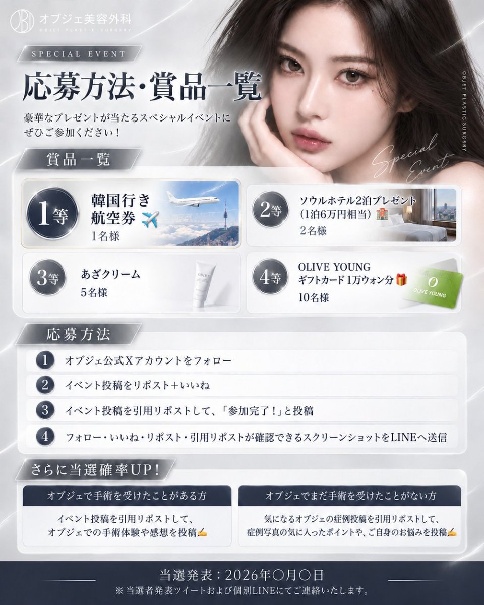 OBJET_faceJP's tweet photo. 🎊✨ついに本日スタート✨🎊
オブジェ美容外科初の
＼ SPECIAL BIG EVENT開催！ ／

なんと今回は…
韓国往復航空券やソウルホテル2泊など、渡韓がもっと楽しみになる豪華賞品をプレゼント✈️🇰🇷

総勢18名様に当たるスペシャルなチャンスです🎁✨

━━━━━━━
🎉 豪華賞品一覧 🎉
━━━━━━━

🥇韓国往復航空券｜1名様
🥈ソウルホテル2泊｜2名様
🥉あざクリーム｜5名様
🎁OLIVE YOUNGギフトカード1万ウォン分｜10名様

━━━━━━━
📢 応募方法
━━━━━━━

① オブジェ公式Xアカウントをフォロー
② イベント投稿をリポスト＆いいね
③ 引用リポストで「参加完了！」と投稿
④ 参加したことが分かるスクリーンショットをLINEへ送信

さらに…👀✨
オブジェでの手術体験や、気になる症例について投稿すると当選確率UP！

韓国往復航空券を手にするのは、あなたかも…？✈️🤍

ぜひこの機会にご参加ください！
皆様からのたくさんのご応募をお待ちしております🎊

#鼻整形 #韓国鼻整形 #鷲鼻 #ACR #鼻唇角 #小鼻縮小 #鼻先形成 #渡韓美容 #韓国美容整形 #韓国美容整形 #整形垢さんと繋がりたい