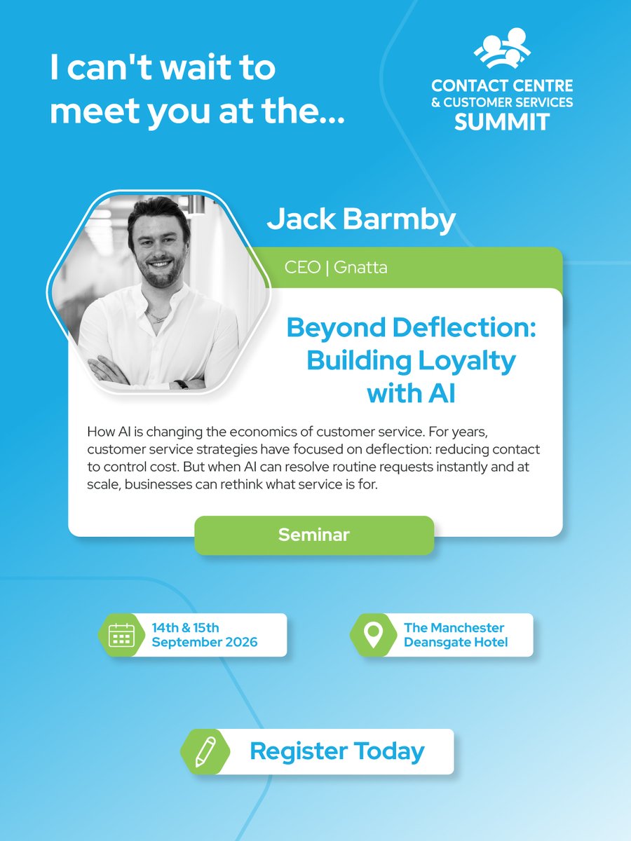 Gnatta's tweet photo. 🚀 We’re at CCS today in Manchester!
Join our CEO, Jack Barmby, for his seminar:
Beyond Deflection: Building Loyalty with AI
How AI is changing the economics of customer service.
Today!
Come and hear how AI is transforming customer service and building lasting customer loyalty. https://t.co/b2pXyS6bC4