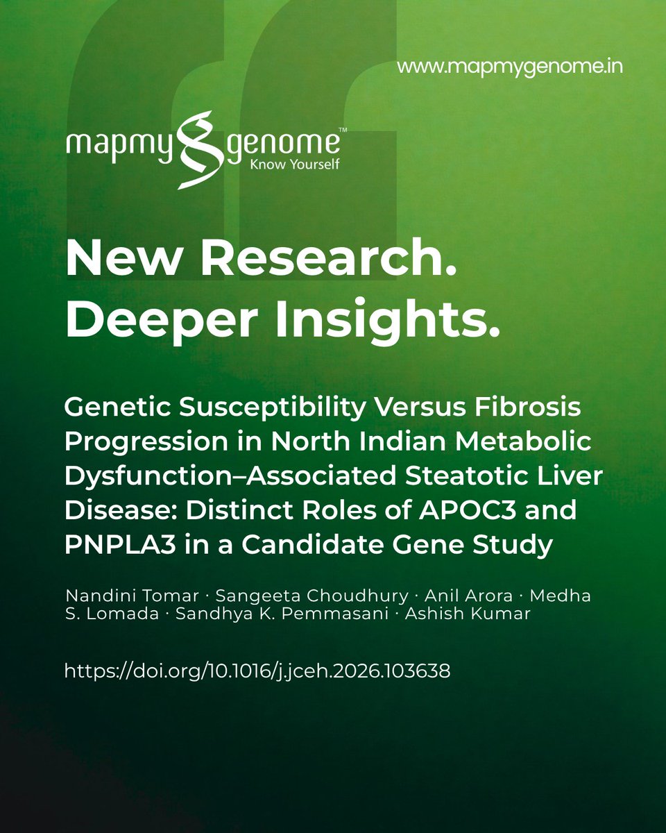 mapmygenome's tweet photo. Research Publication | Genetic Susceptibility Versus Fibrosis Progression in North Indian Metabolic Dysfunction–Associated Steatotic Liver Disease: Distinct Roles of APOC3 and PNPLA3 in a Candidate Gene Study

We are proud to share a recent research publication exploring the genetic factors associated with Metabolic Dysfunction–Associated Steatotic Liver Disease (MASLD) in a North Indian population.

The study investigates the distinct roles of the APOC3 and PNPLA3 genes, providing valuable insights into genetic susceptibility and fibrosis progression in MASLD. These findings contribute to a growing body of evidence supporting the role of genomics in understanding complex metabolic and liver diseases.

Congratulations to Dr. Sandhya Kiran, VP – Bioinformatics at MapmyGenome - Know YourselfMapmyGenome, and the research team for their contribution to advancing precision medicine and genomics-driven healthcare.

At MapmyGenome, we remain committed to translating genomic research into meaningful health insights that can support early risk assessment, prevention, and personalized healthcare strategies.

📖 Read the publication: https://t.co/UCTC0cn3Mx

#MapmyGenome #Bioinformatics #MASLD #FattyLiverDisease #LiverHealth #Genomics #PrecisionMedicine #PrecisionHealth #ScientificResearch #HealthcareInnovation #PNPLA3 #APOC3 #PersonalizedMedicine