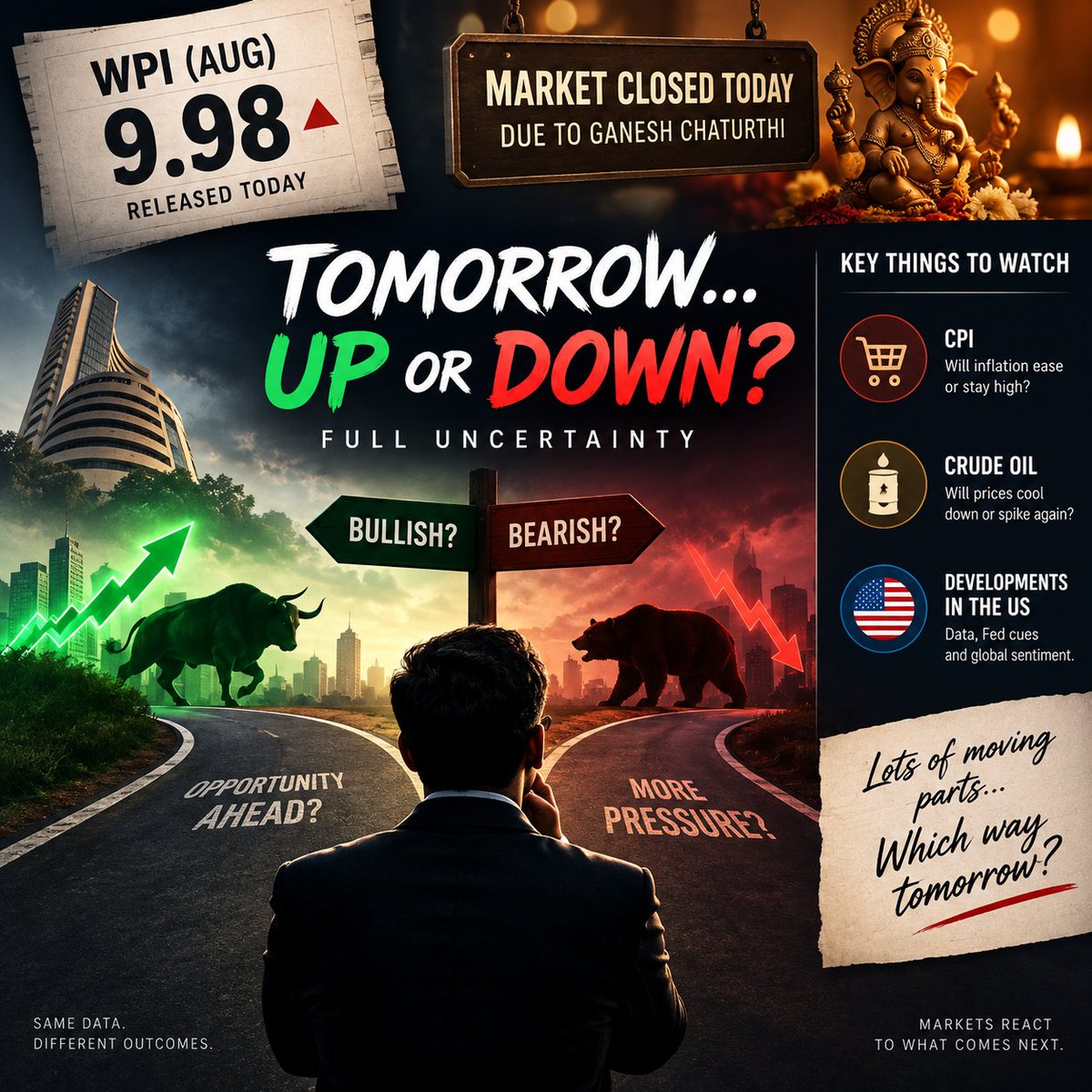AyushNY's tweet photo. @CNBCTV18Live @latha_venkatesh WPI at 9.98% 📈

Market closed today. Tomorrow — bull or bear? 🐂🐻

CPI, crude oil &amp; fresh US developments could set the tone.

Full uncertainty

What’s waiting for us from Dalal Street tomorrow? 👀

NSE IPO: The potential market mood-changer?

#sharemarket 
#nseipo 
#nse 
#bse https://t.co/c8ihEmNvXU