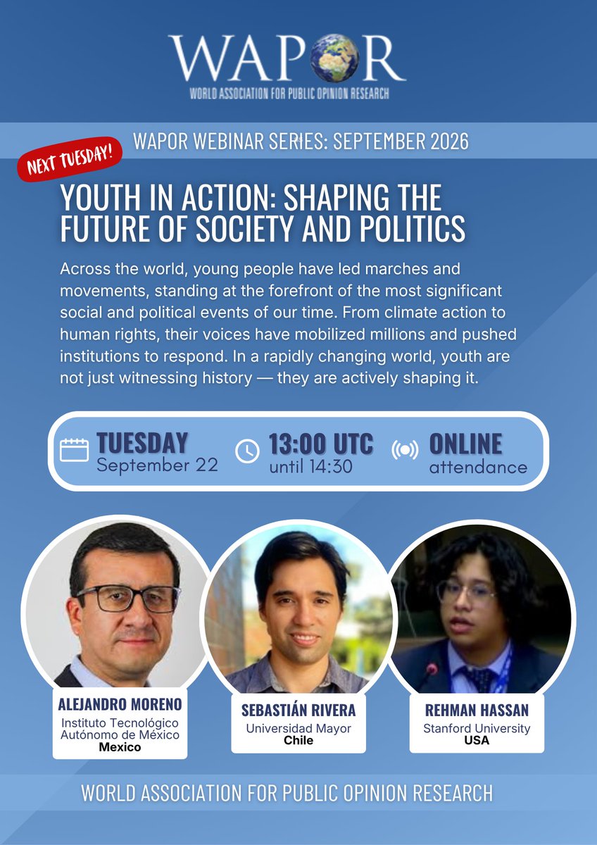 WAPOR's tweet photo. Join us on Sept. 22 at 13:00 for “Youth in Action,” with @almorenoal, Sebastián Rivera &amp; Rehman Hassan of @Stanford, exploring how young people are shaping politics worldwide.

Learn more: https://t.co/ScqV8NvI93

Register: https://t.co/0AHH4kk6Zd https://t.co/PET4cy5Tla