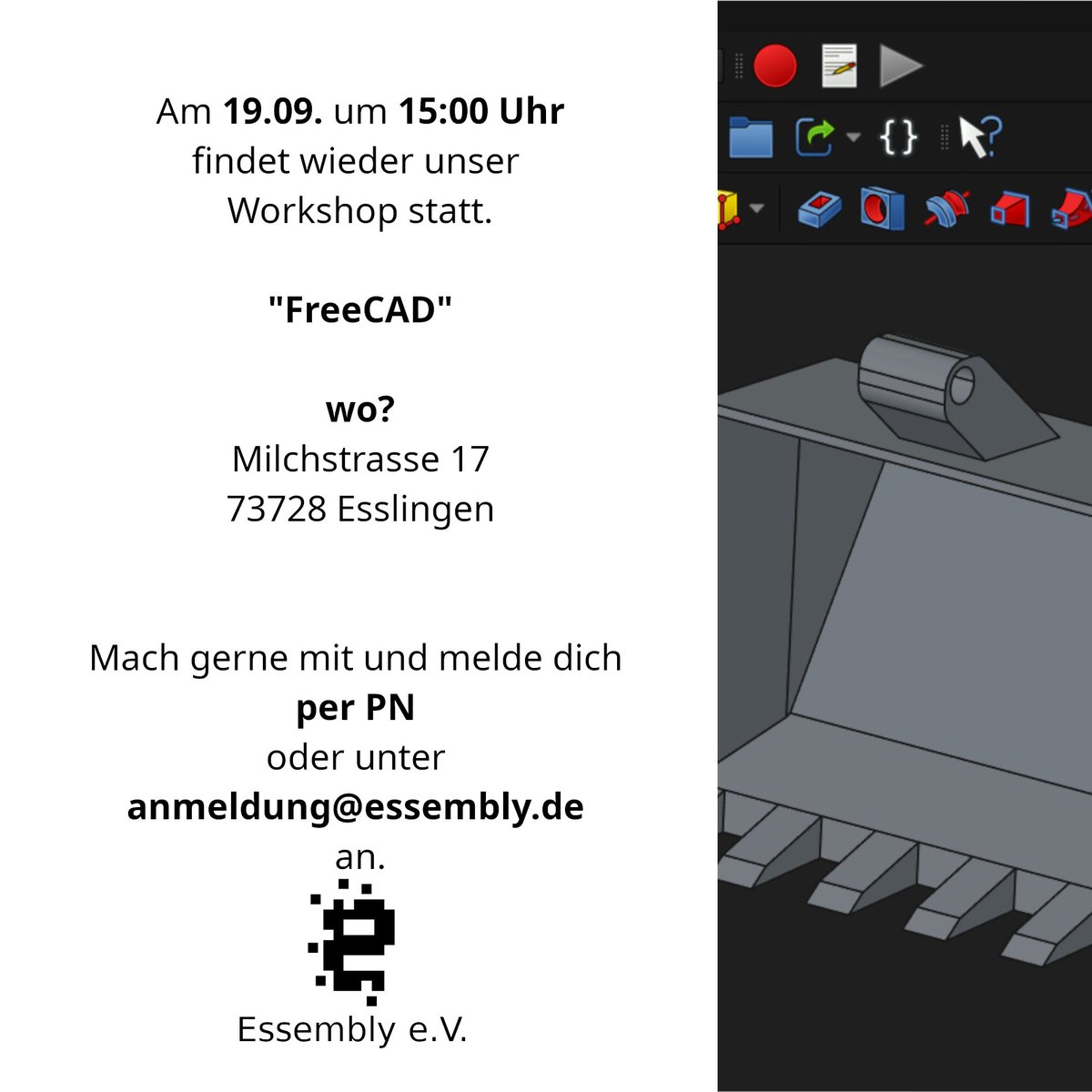 essembly_space's tweet photo. Zum #SoftwareFreedomDay2026 am 19.09. laden wir auf 15 Uhr zum #FreeCAD #Workshop ein.
Mehr Infos unter https://t.co/5sC2XhkW0Y
Der Workshop ist kostenlos. Um Spenden wird gebeten.
#Makerspace #EsslingenamNeckar #EsslingenMaker #Maker #essembly #openSource https://t.co/Efnx5DkYM8