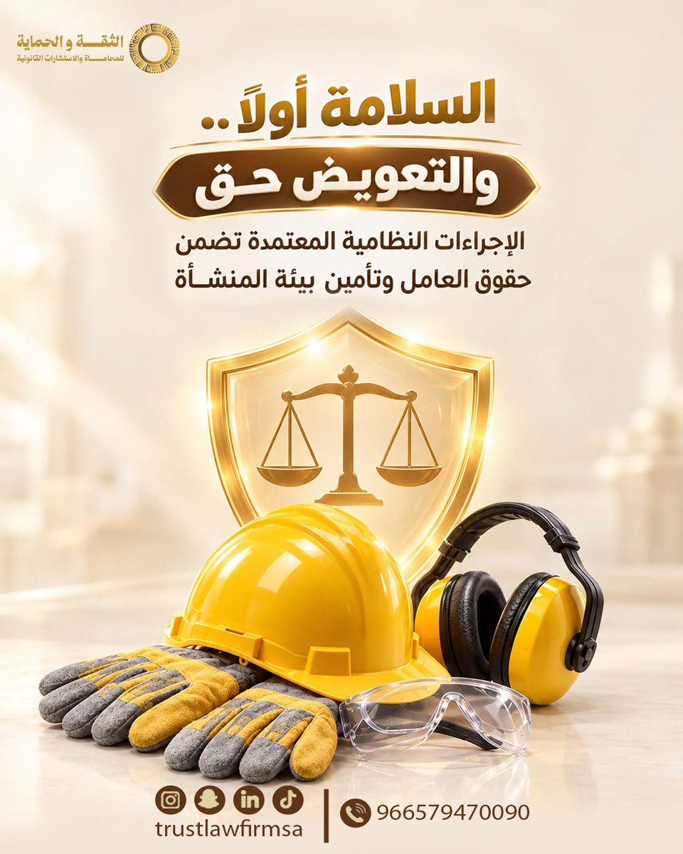 TrustProtect's tweet photo. تلتزم المنشآت بتوفير بيئة عمل آمنة، وفي حال حدوث إصابة عمل أو عجز ناجم عن الإهمال، يضمن نظام العمل والتأمينات الاجتماعية حقوق العامل في العلاج والتعويض المناسب. نساعد في مكتب الثقة الأفراد والشركات في تسوية وإكمال الإجراءات النظامية لإصابات العمل.

#مكتب_الثقة #إصابة_عمل #نظام_التأمينات #حقوق_العمال #المحكمة_العمالية