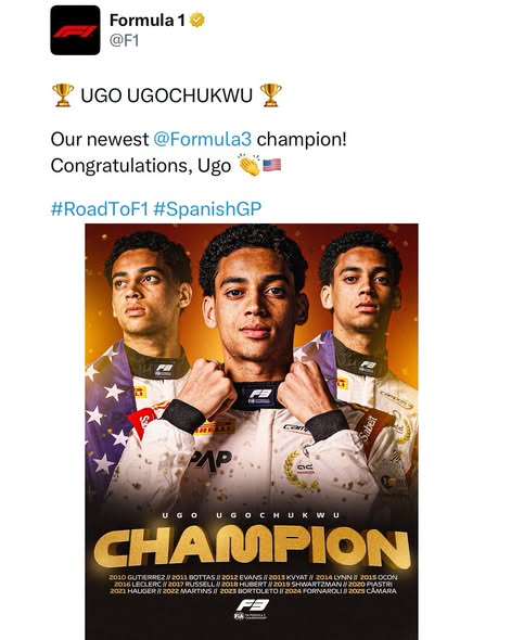 yabaleftonline's tweet photo. Nigerian-American racer Ugo Ugochukwu crowned 2026 FIA Formula 3 champion in major career milestone. https://t.co/gDrjXdDUd1