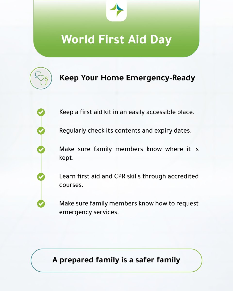DHA_Dubai's tweet photo. First Aid Starts at Home
Every Family Can Be Prepared
Emergencies can happen anywhere — including at home. Knowing basic first aid can help family members respond quickly and safely while professional medical help is on the way.
#WorldFirstAidDay
#DubaiPublicHealth https://t.co/xf0pu2GgWm