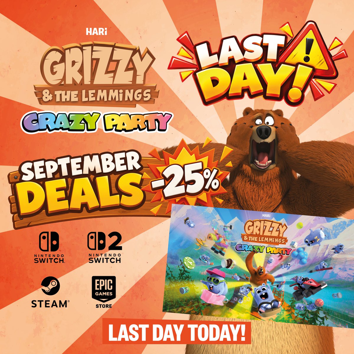 BalioStudio's tweet photo. ⏰ LAST DAY!

Get 25% off Grizzy &amp; the Lemmings: Crazy Party on Nintendo Switch, Switch 2, Steam &amp; Epic Games Store! 🐻🎉

🟢 https://t.co/rmyyoTMJ9S
⚫ https://t.co/GX8O3tyncR
🔵 https://t.co/N8NR8ixVyO
#CrazyParty #SeptemberDeals https://t.co/x4RRTx6bDK