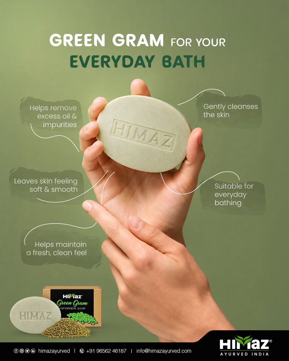 himazayurved's tweet photo. Bring the goodness of Green Gram to your everyday bath. 📷

HIMAZ Ayurved Green Gram Soap gently cleanses the skin, helping remove excess oil and impurities while leaving it feeling soft, smooth, and refreshed.
A simple, traditional addition to your everyday bathing routine. https://t.co/B4XB9Qecz6