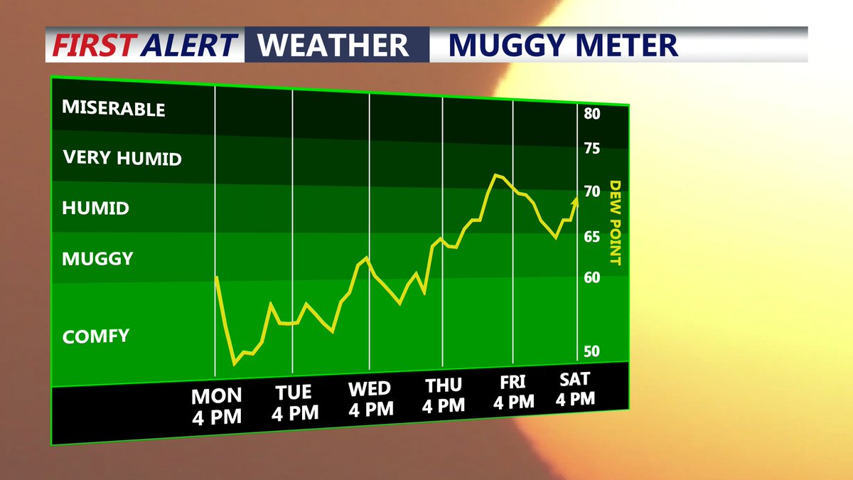 WxMastro87's tweet photo. Muggy start to our Monday, but a marvelous day awaits! Humidity levels will be crashing through the day, looking at lots of sunshine, mild days and cool crisp nights ahead. @coasttvnews https://t.co/ekYNsmwxFf