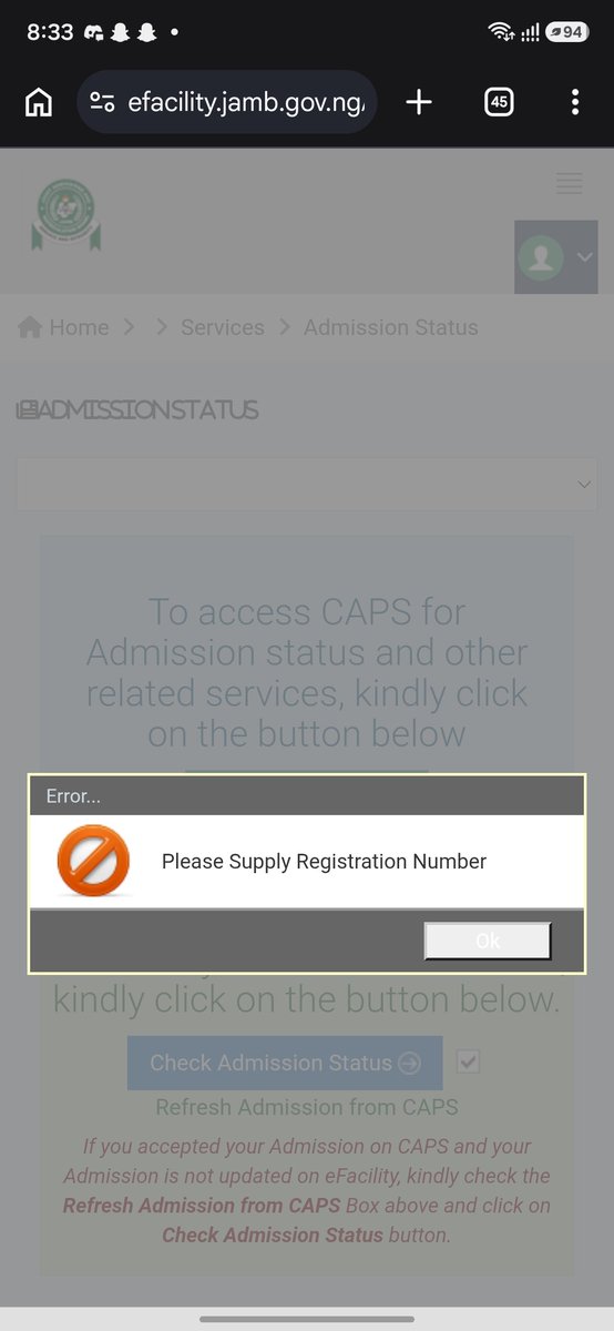 THEREALGRIM21's tweet photo. @jamb_hq @jamb_hq

This started popping up anytime I try to access my caps or check my admissions. 

Also I was told I have to reupload my o level results to be be granted admission in the portal but I had earlier uploaded them before I started my screening process for my school. https://t.co/5KdLaoF9GA