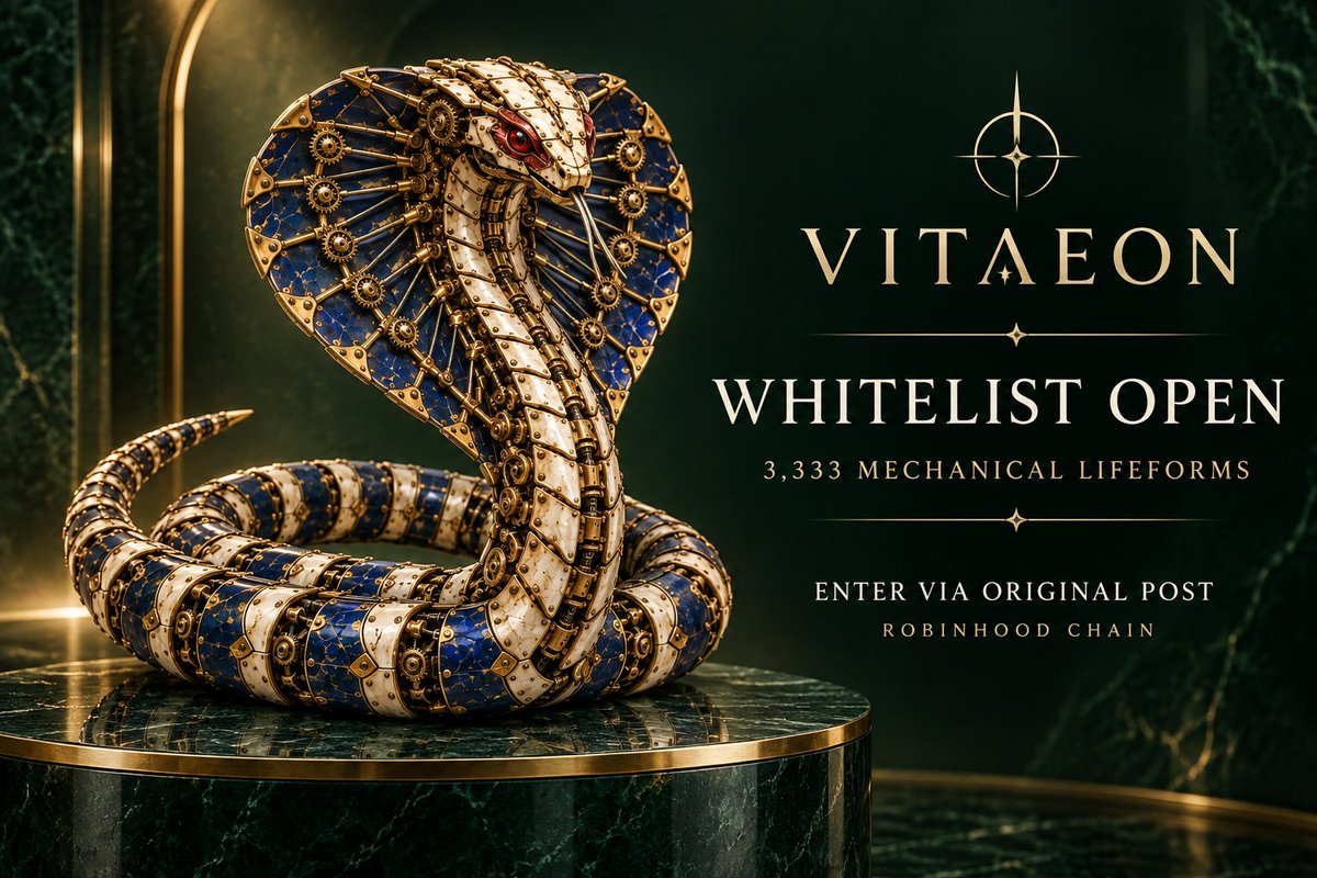 VitaeonNFT's tweet photo. VITAEON whitelist registration is open.
3,333 mechanical lifeforms coming to Robinhood Chain.

Enter on the ORIGINAL post: follow @VitaeonNFT, like + repost it, and reply there with your EVM address (0x...).
https://t.co/VMwAzWWVhq https://t.co/m9Zwyue1M8