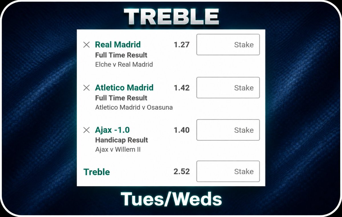 TomWhiteTips's tweet photo. TREBLE 

@ 2.52

Tuesday/Wednesday 

Spain 🇪🇸 
Holland 🇳🇱 https://t.co/AGfY6mRhui