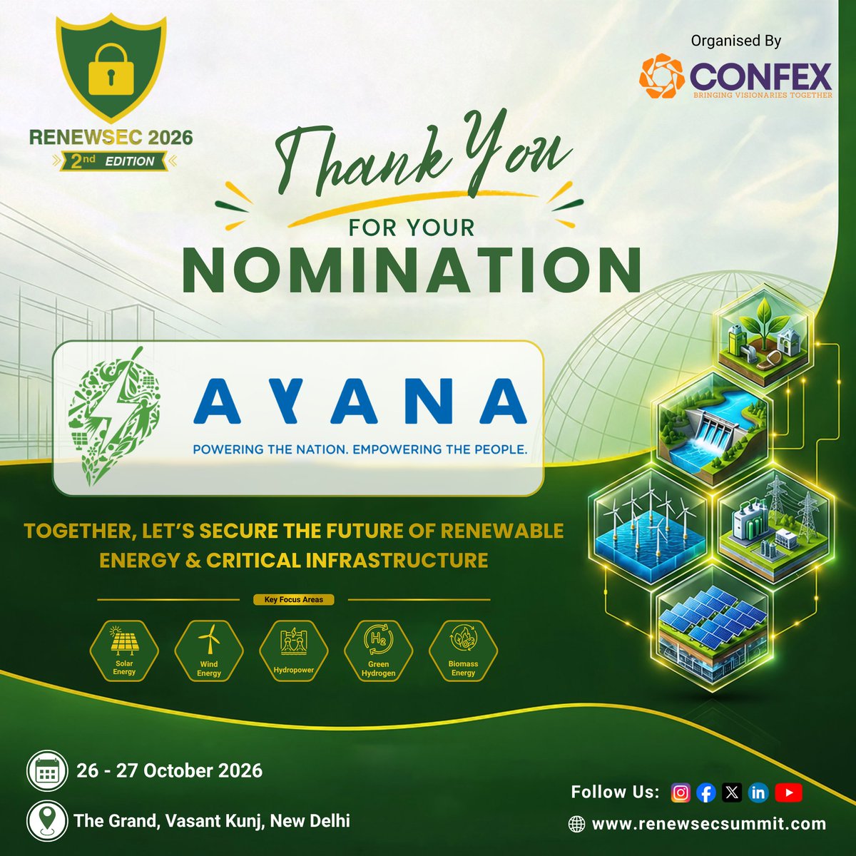 renewsec70981's tweet photo. 🙏 Thank You for Your Nomination!
We are pleased to acknowledge Ayana Renewable Power for its nomination for the 2nd Edition of RENEWSEC 2026 — India’s premier conference on OT Cybersecurity for Renewable Energy & Critical Energy Infrastructure.

🔐 As renewable energy expands, cyber resilience is essential to protecting critical assets — from inverters and generation systems to OT/ICS, control networks and digital infrastructure.

By joining RENEWSEC 2026, will gain industry insights, knowledge sharing and practical perspectives from cybersecurity leaders, experts and peers across leading organizations.

The summit provides a focused platform to learn, network and collaborate on emerging cyber threats and build a more secure and resilient energy ecosystem.

We look forward to Ayana Renewable Power’s active participation in making RENEWSEC 2026 a truly impactful industry gathering.

📢 Register Now: https://t.co/FbmXhXoVu3
📅 Dates: 26th–27th October 2026
📍 Venue: The Grand, Vasant Kunj, New Delhi
🤝 Organized by: Confex Exhibition & Conference Pvt Ltd
🔗 Know More: https://t.co/MmZ8BqzKqZ

#RENEWSEC2026 #AyanaRenewablePower #OTCybersecurity #CyberResilience #RenewableEnergy #EnergySecurity #CriticalInfrastructure #Confex