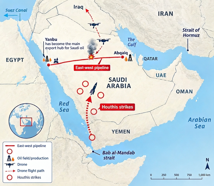 Frank_Stones's tweet photo. Saudi Arabia’s energy system is under siege on three fronts.

A critical turning point in Middle East energy geopolitics: coordinated strikes from Iraq and Houthi advances in Yemen have hit Riyadh's core oil infrastructure, while the Strait of Hormuz remains shut
🛢️🇮🇷🇸🇦🇾🇪🧵👇 https://t.co/9CIRXUt9jD