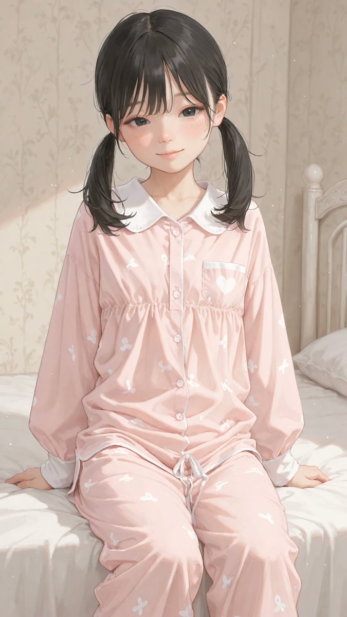 AliceLavli's tweet photo. 秋のガーリーなパジャマの衣装プロンプトをどうぞ✨
outfit only, cute pastel-pink pajama set, soft opaque cotton flannel, long-sleeved button-up pajama shirt worn fully closed, rounded white collar, white piping, small pink buttons, loose comfortable fit, full-length matching pajama pants covering the legs from waist to ankles, straight trouser legs, elastic waist, identical pastel-pink fabric on the shirt and pants, tiny white heart pattern repeated evenly across the complete set, fair porcelain skin with a cool pale undertone