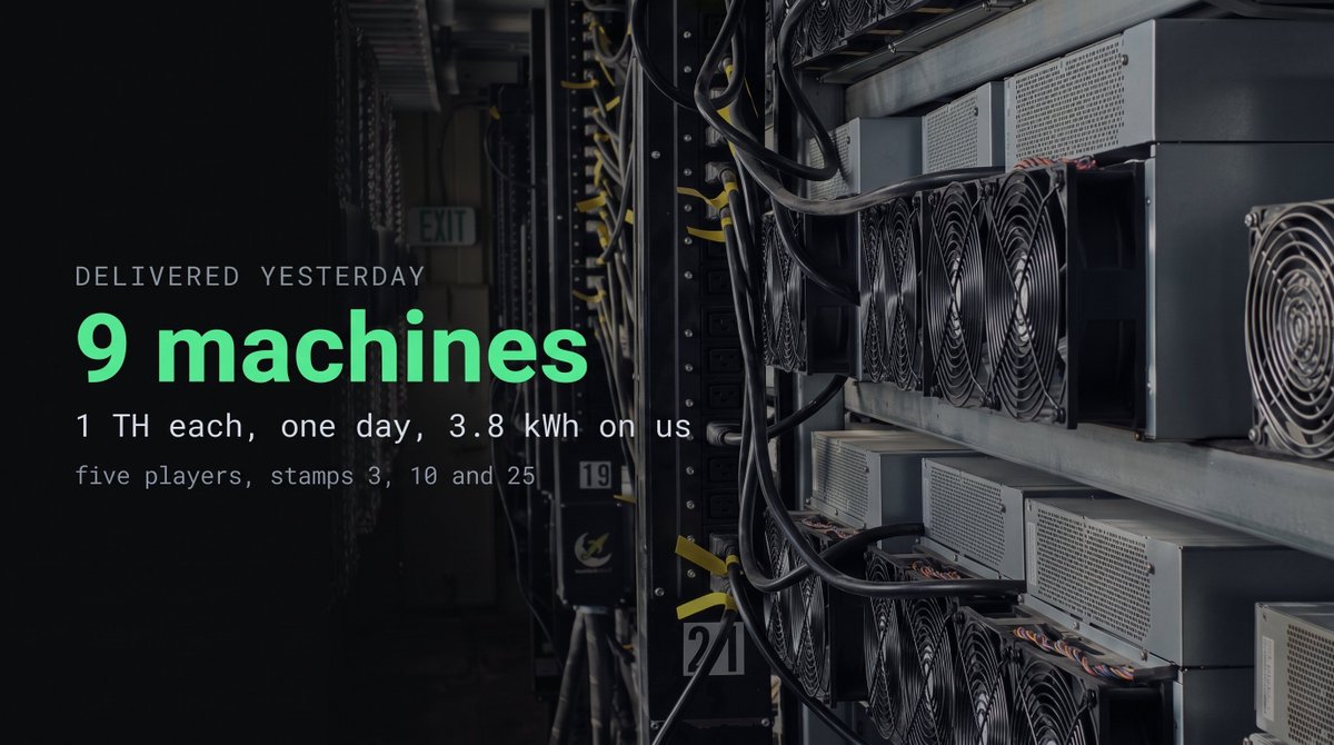 asic_tycoon's tweet photo. Nine machines went out yesterday!

five players, 1 TH each for a day
3.8 kWh on us

stamps 3, 10 and 25, all three in one day

19 on the public list now, names masked https://t.co/sQgUK43Dvn