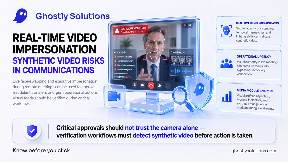 GhostsolutionAE's tweet photo. π Live AI video face-swapping tricks staff into approving fraudulent transfers.
π‘οΈ Ghostly Solutions Media Module detects synthetic visual artifacts in real time.
π https://t.co/ugbM5ebrZa
#DeepfakeDefense #GhostlySolutions https://t.co/q8YkRAF8WJ