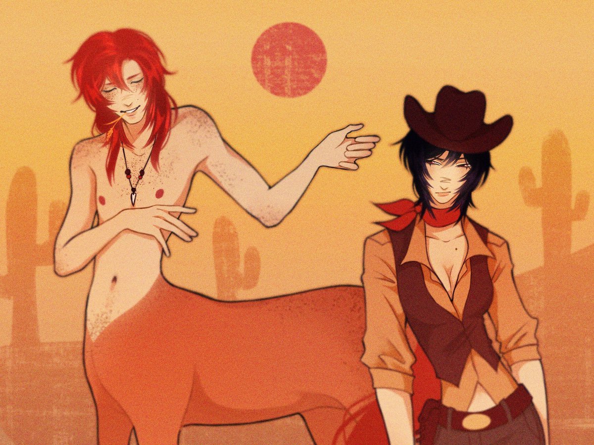 Lo0ozerr's tweet photo. Chuuya x Yosano (centaur and cowboy au)
#bsdau #art #chuuya #yosano #bsd https://t.co/aRRoQRBp2R