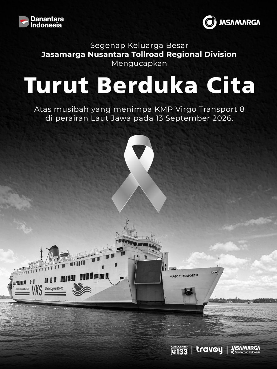 jmnusantara's tweet photo. Segenap keluarga besar Jasamarga Nusantara Tollroad Regional Division mengucapkan turut berduka cita atas musibah yang menimpa KMP Virgo Transport 8 di perairan Laut Jawa pada 13 September 2026. https://t.co/5Fu0vWO5yP