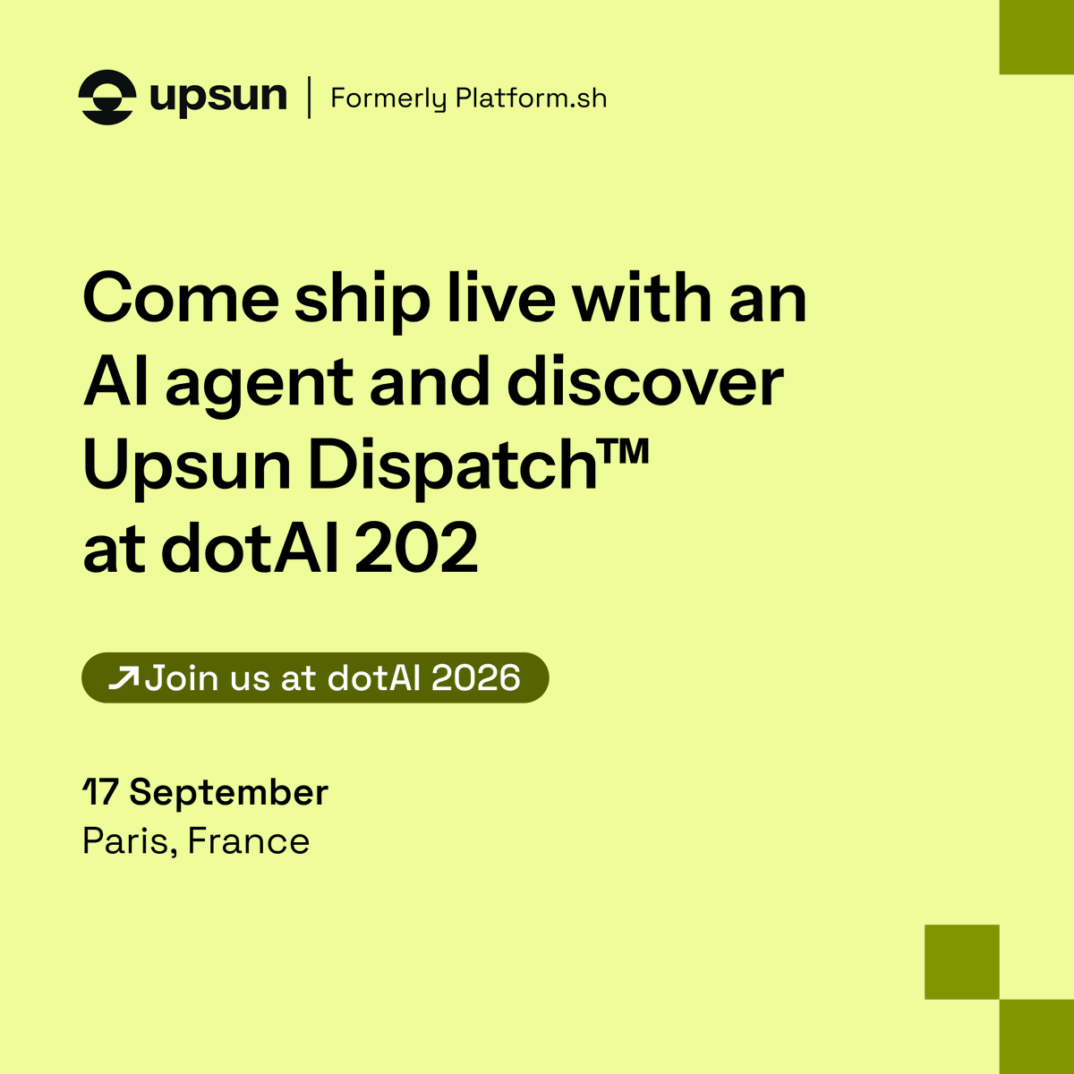 upsundotcom's tweet photo. Running AI agents without governance is a risk your team can't afford. Upsun Dispatch™ is the fix. 🤖 Launching at #dotAI2026, don't miss out. https://t.co/nh5ORKlu3M #UpsunDispatch #AIEngineering https://t.co/HwCzPoMwXI