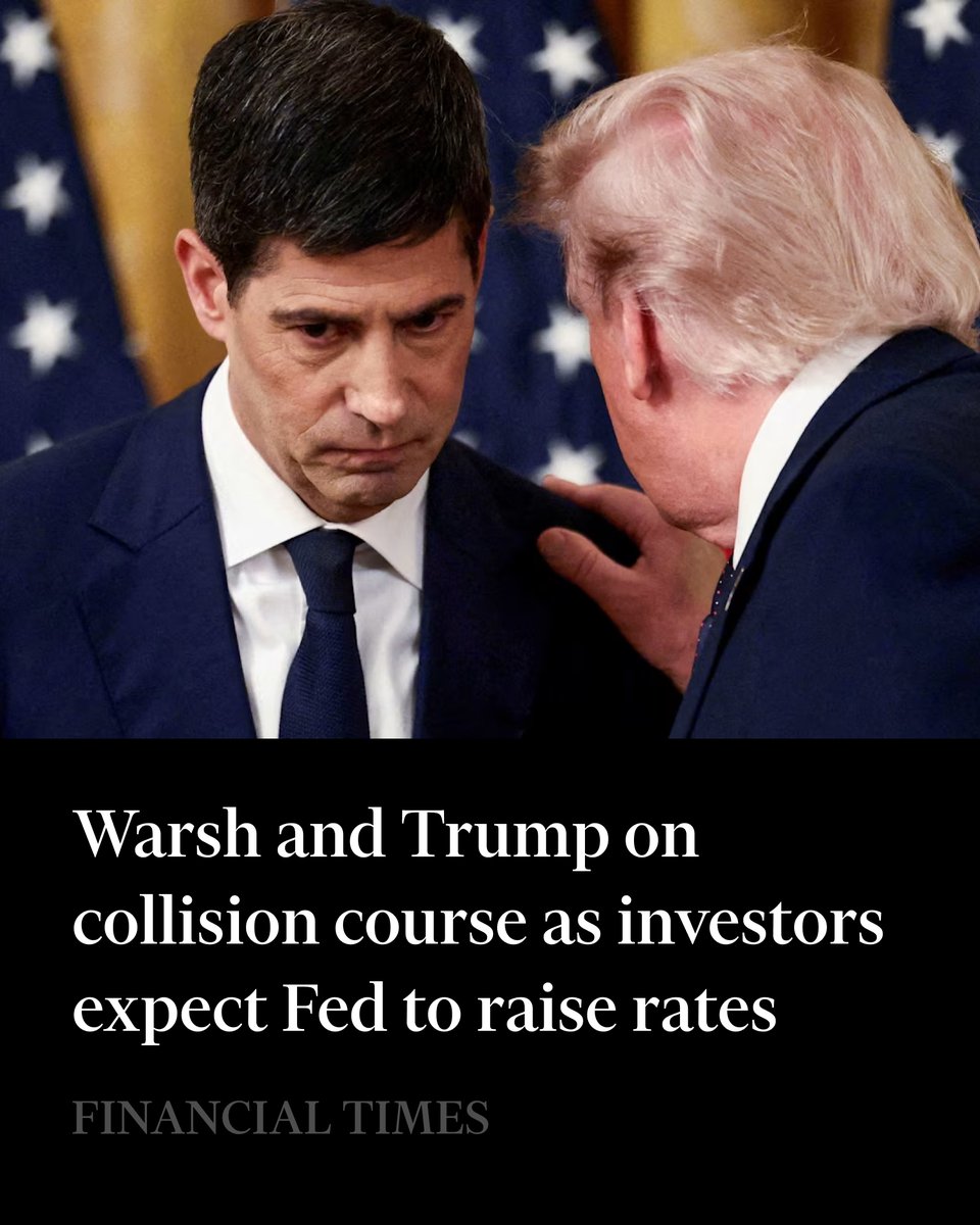 FT's tweet photo. Stubbornly high inflation has set Donald Trump and Federal Reserve chair Kevin Warsh on a collision course this week as markets prepare for the central bank to raise interest rates in defiance of the president’s demands.

Read more: https://t.co/pskUAFY7UZ https://t.co/i04hU418ji