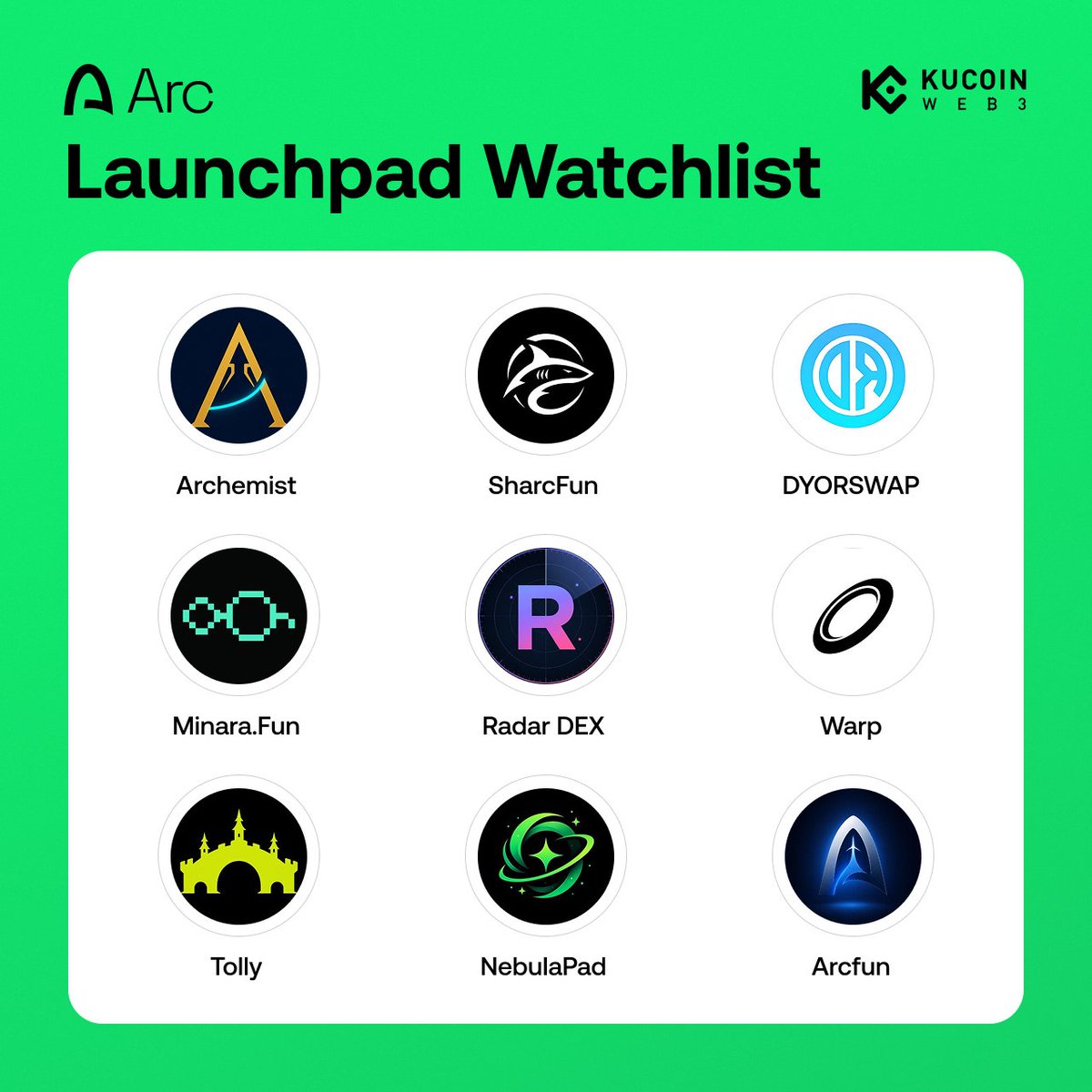KuCoin_Web3's tweet photo. The launchpad crowd is gathering on @Arc 👀
9 names on our meme launchpad watchlist:
@archemistdotfun
@sharcfun
@DYORSWAPDEX
@minarafun
@ArcDEXScan
@circlewarp
@TollyLabs
@NebulaPad
@arcfunapp
Which one could launch Arc’s first $100M memecoin? https://t.co/yI102JFKGH