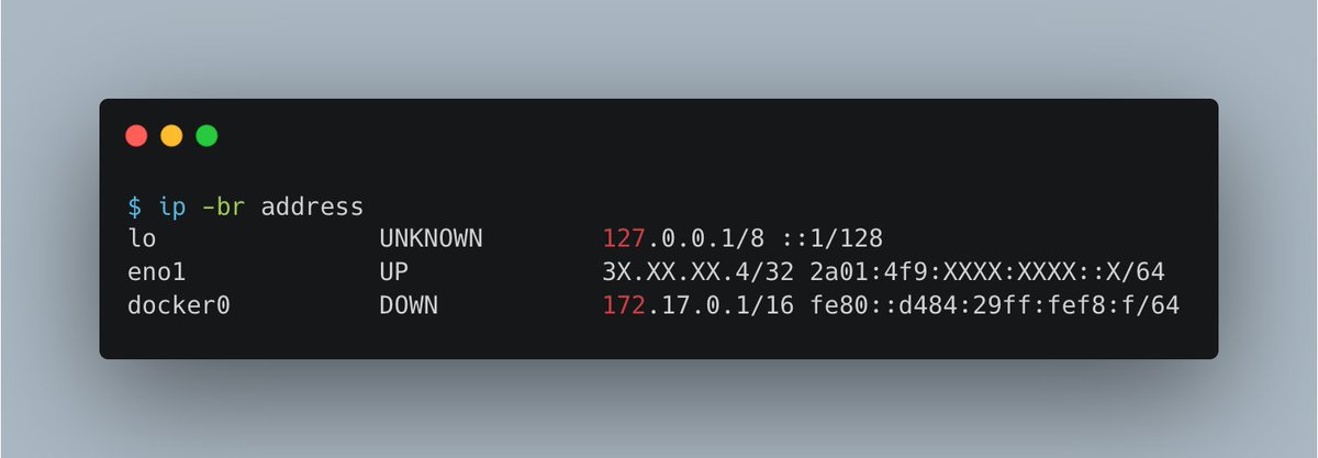 iximiuz's tweet photo. TIL: `ip -br address` shows a neat brief table with interface names, states, and addresses.

I've been breaking my eyes looking for the IP addresses in the cryptic full output for way too many years. But no more!

And a kind reminder: `ip -json address` is also a thing. https://t.co/Jt8PE68371