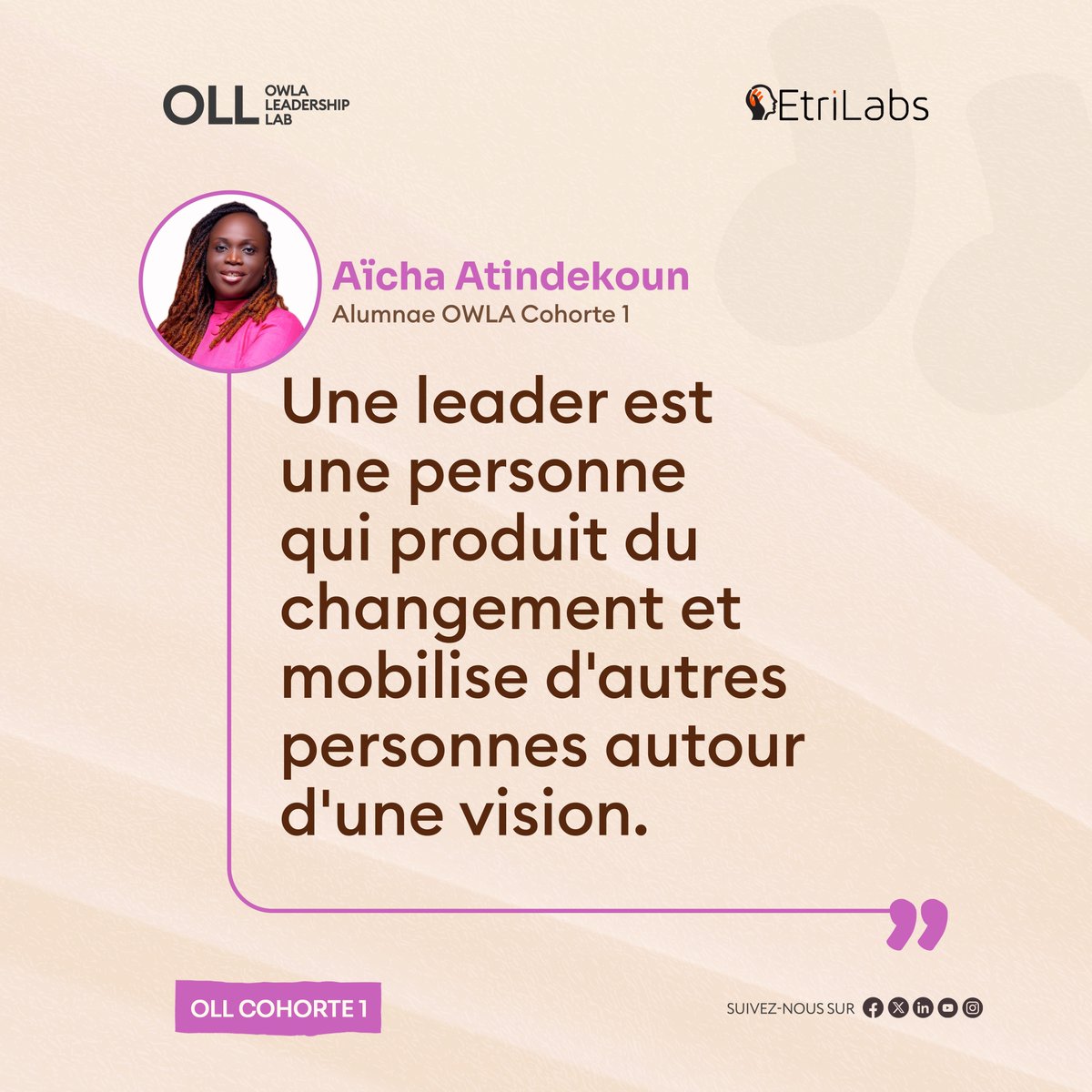 WeAreOwla's tweet photo. Être leader ne dépend ni d'un titre, ni d'un statut, ni d'une notoriété
@AichaGladys, Alumna #OWLA a rappelé à la clôture du Niveau 1 de OWLA Leadership Lab : la légitimité ne s'attend pas, elle se construit par le travail et la formation, et le bon moment, c'est maintenant
#OLL https://t.co/WazC78GyyR