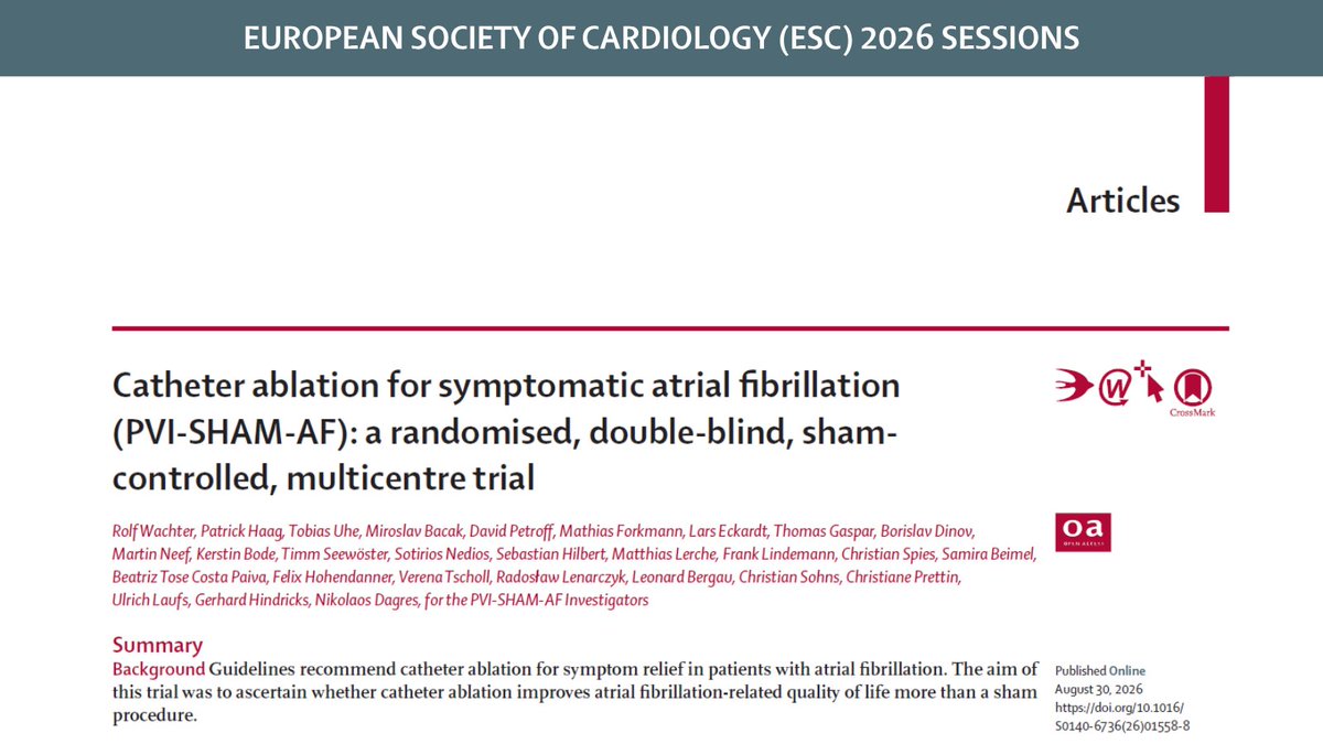 Promotional card for a Lancet paper presented at ESC 2026: Catheter ablation for symptomatic atrial fibrillation (PVI-SHAM-AF): a randomised, double-blind, shamcontrolled, multicentre trial